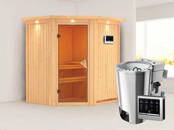 Sauna Systemsauna Tonja mit Dachkranz, inkl. Plug & Play Bio-Ofen externe Steuerung