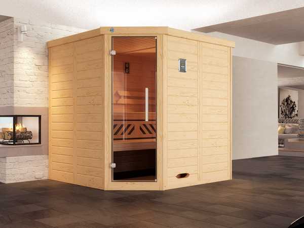 Sauna Massivholz-Elementsauna Kemi Eck 1 inkl. Edelstahlset + Komfortpaket