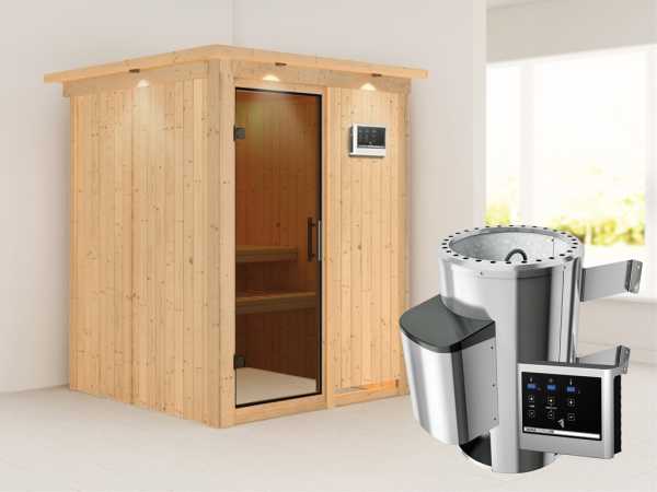 Sauna Systemsauna Minja mit Dachkranz, graphit Ganzglastür + Plug & Play Saunaofen mit ext. Strg