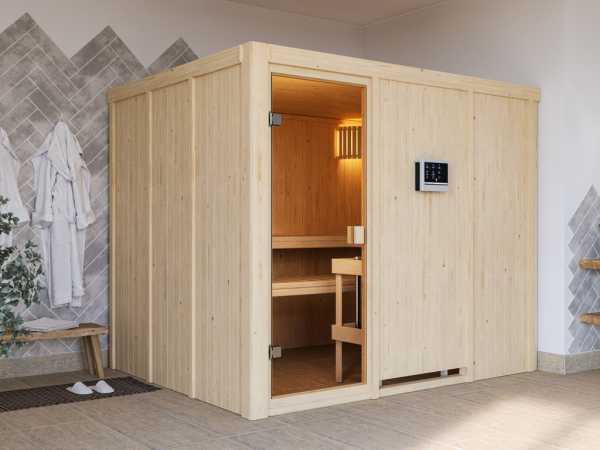 Sauna Nybro mit bronzierter Glastür + 9 kW Saunaofen ext. Strg.
