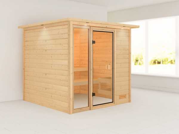 Sauna Jutta mit bronzierter Glastür und Dachkranz
