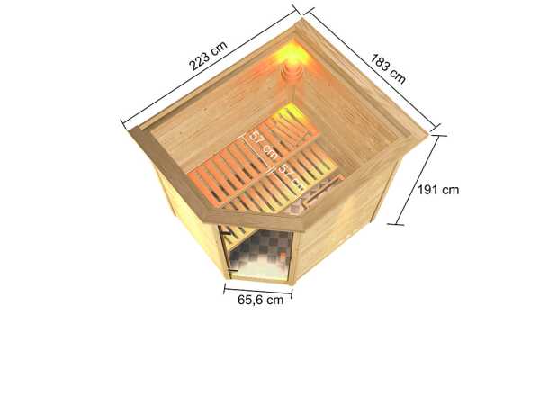 Sauna Elea mit bronzierter Glastür und Dachkranz + 9 kW Saunaofen integr. Strg.