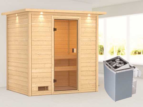 Sauna "Selena" mit bronzierter Glastür und Dachkranz + 9 kW Saunaofen integr. Strg.
