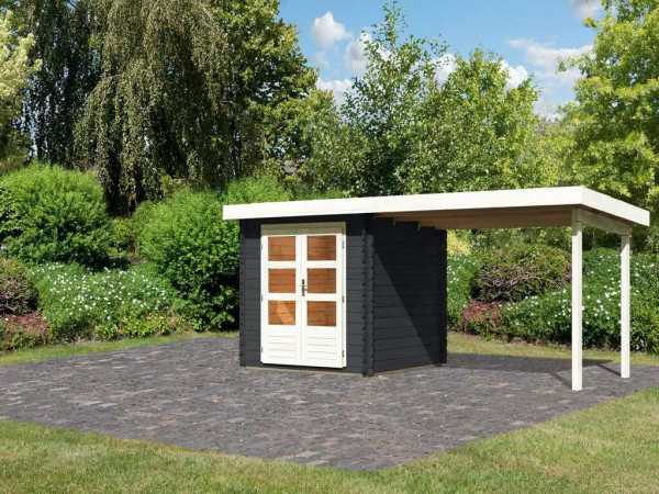 Gartenhaus Blockbohlenhaus SET Bastrup 2 28 mm anthrazit inkl. 3 m Anbaudach