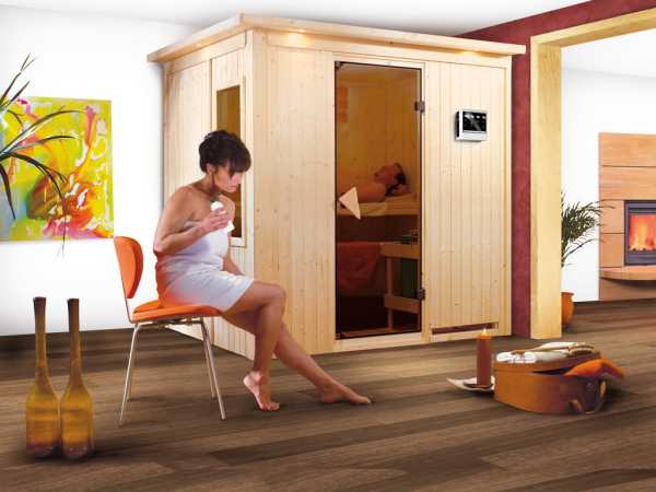 Sauna Systemsauna Bodin mit Dachkranz, inkl. 9 kW Bio-Ofen mit externer Steuerung