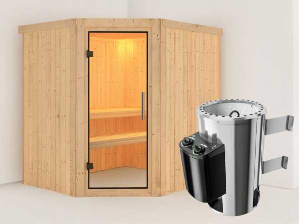 Sauna Systemsauna Lilja Klarglas Ganzglastür + Plug &amp; Play Saunaofen mit Steuerung