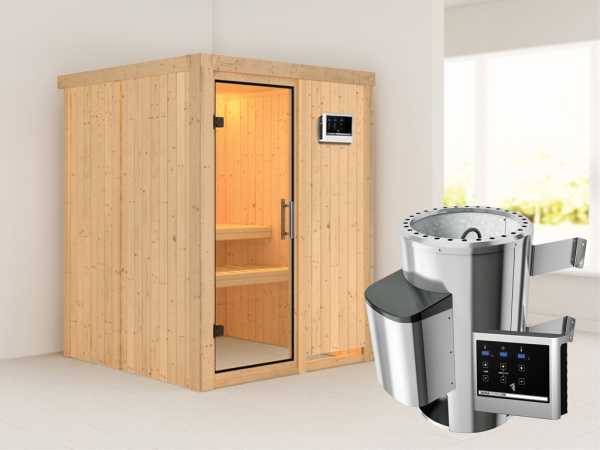 Sauna Systemsauna Minja Klarglas Ganzglastür + Plug & Play Saunaofen mit externer Steuerung