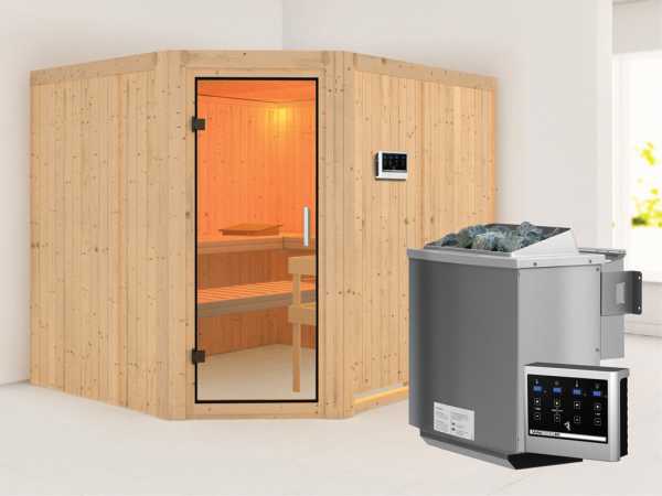 Sauna Systemsauna Malin Klarglas Ganzglastür + 9 kW Bio-Kombiofen mit ext. Strg