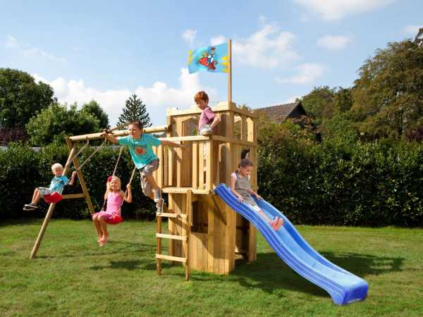 Spielturm FIPS Ritterburg inkl. Rutsche blau und Schaukelanbau