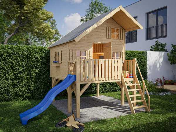 Stelzenhaus Tom XL 15 mm naturbelassen inkl. Veranda, Stelzen und Rutsche blau