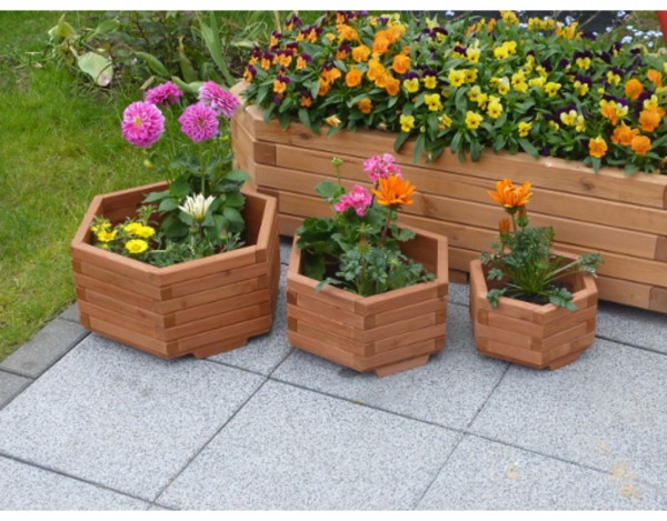 6eck Blumenkübel "Olli" Set, honigbraun