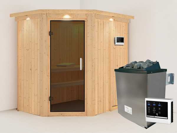 Sauna Systemsauna Carin mit Dachkranz, inkl. 9 kW Ofen mit externer Steuerung