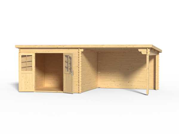 Gartenhaus Blockbohlenhaus CA2977 28 mm naturbelassen mit 3 m Anbau