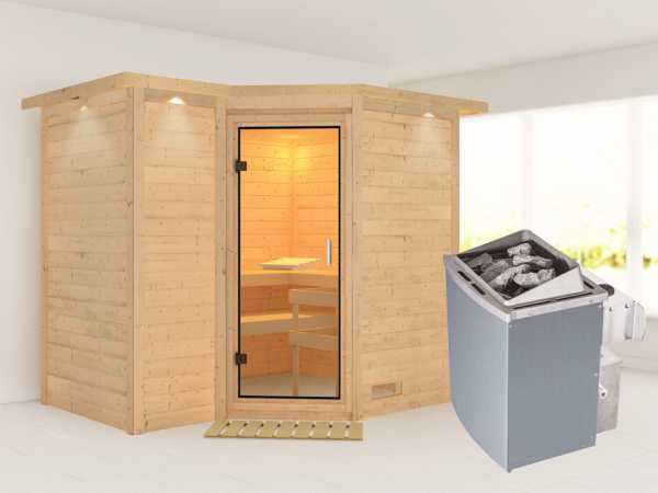 Sauna Massivholzsauna Sahib 2 mit Dachkranz, Klarglas Ganzglastür + 9 kW Saunaofen mit Steuerung