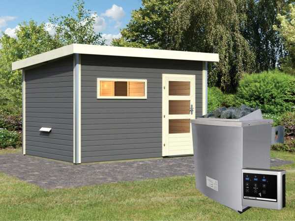 Saunahaus Skrollan 3 mit moderner Tür terragrau + 9 kW Saunaofen ext. Strg.