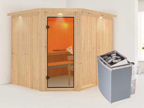 Systemsauna Malin mit Dachkranz, bronzierte Ganzglastür, inkl. 9 kW Saunaofen integr. Steuerung