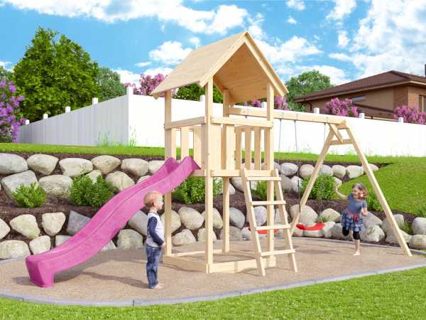 Spielturm SPARSET "Lotti" naturbelassen inkl. Rutsche violett + Doppelschaukel