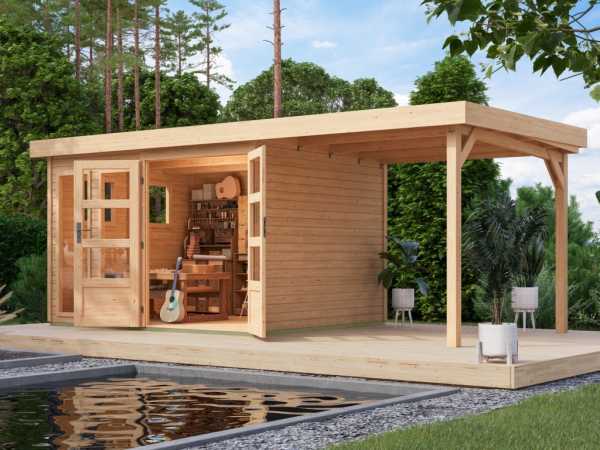 Gartenhaus Lahar 5 19 mm naturbelassen mit Anbaudach