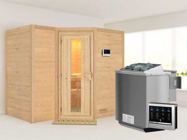 Massivholzsauna Sahib 2 Holztür mit Isolierglas, inkl. 9 kW Bio-Ofen ext. Steuerung