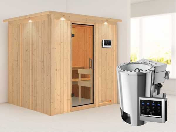 Sauna Systemsauna Daria mit Dachkranz, Klarglas Ganzglastür + Plug & Play Bio-Ofen mit ext. Strg