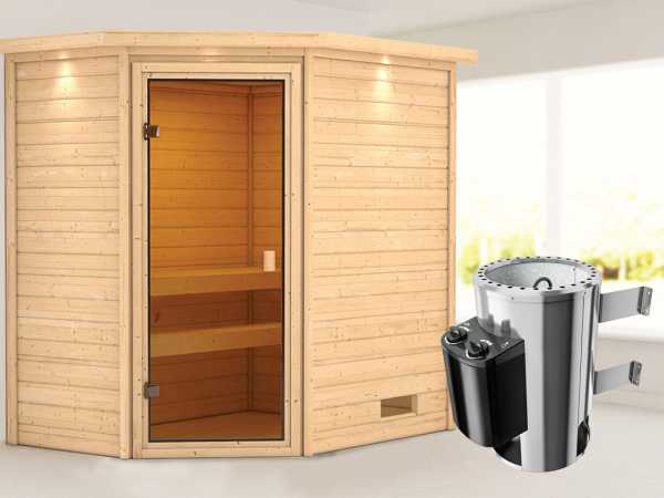 Sauna Jella mit bronzierter Glastür und Dachkranz + 3,6 kW Plug & Play Saunaofen integr. Strg.