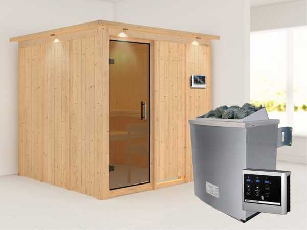 Systemsauna Rodin mit Dachkranz, graphit Ganzglastür, inkl. 9 kW Saunaofen ext. Steuerung