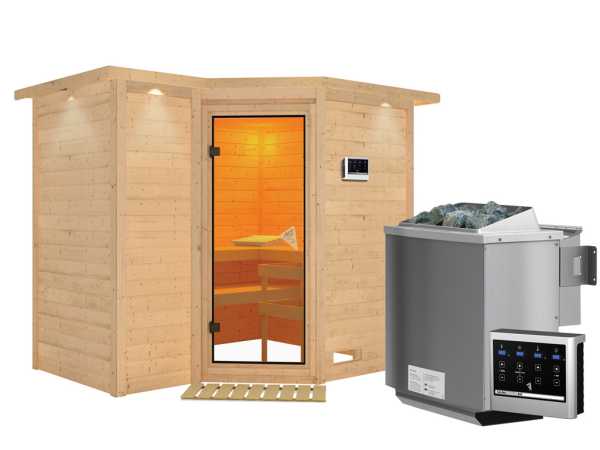 Massivholzsauna Sahib 2 mit Dachkranz, bronzierte Ganzglastür, inkl. 9 kW Bio-Ofen ext. Steuerung