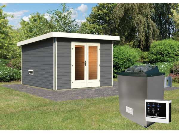 Saunahaus Mainburg 1 terragrau 38 mm inkl. klassischer Saunaofen 9 kW + ext. Steuerung