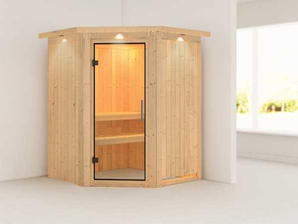 Sauna Systemsauna Larin mit Dachkranz, Klarglas Ganzglastür