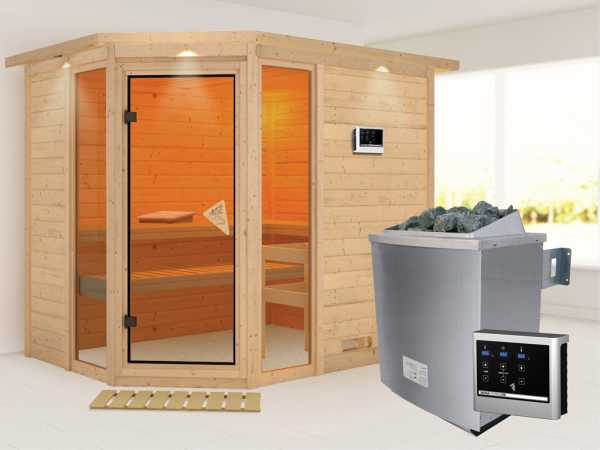 Sauna Massivholzsauna Sinai 3 mit Dachkranz, inkl. 9 kW Saunaofen ext. Steuerung