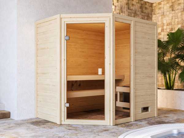 Sauna Jada mit bronzierter Glastür + 9 kW Saunaofen integr. Strg.