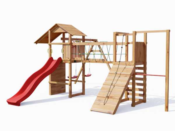 Spielturm Smart 5 Climb teakfarben inkl. Rutsche rot