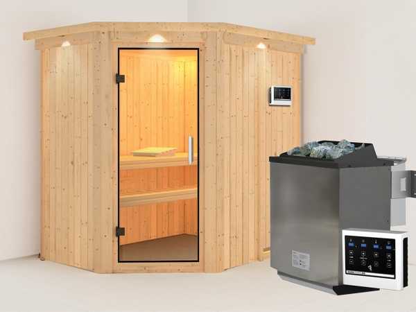 Sauna Systemsauna Carin mit Dachkranz, inkl. 9 kW Bio-Ofen mit externer Steuerung