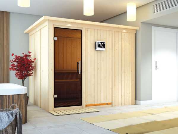 Systemsauna Gobin mit Dachkranz, graphit Ganzglastür, inkl. 9 kW Bio-Kombiofen ext. Steuerung