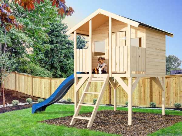 Stelzenhaus Set 2 Tom / Toby inkl. 2,28 m Rutsche blau + Sandkasten