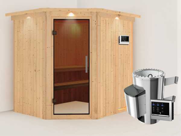 Sauna Systemsauna Lilja mit Dachkranz, graphit Ganzglastür + Plug & Play Saunaofen mit ext. Strg