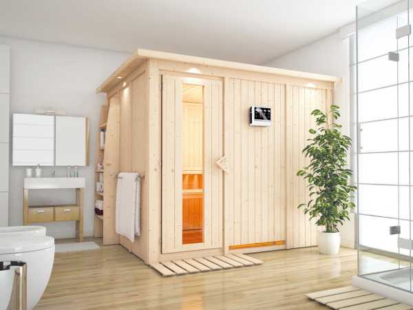 Systemsauna Gobin mit Dachkranz, Holztür mit Isolierglas, inkl. 9 kW Bio-Kombiofen ext. Steuerung