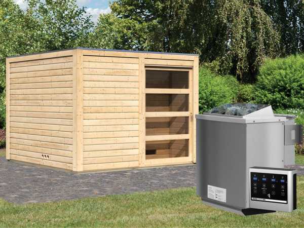 Saunahaus Cuben 38 mm naturbelassen inkl. 9 kW Bio-Kombiofen ext. Steuerung