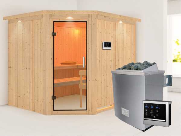 Sauna Systemsauna Malin mit Dachkranz, Klarglas Ganzglastür + 9 kW Saunaofen mit ext. Strg