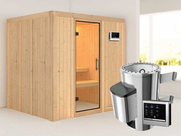 Sauna Systemsauna Daria Klarglas Ganzglastür + Plug & Play Saunaofen mit externer Steuerung