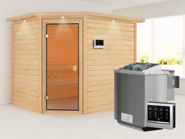 Sauna "Lisa" mit bronzierter Glastür und Dachkranz + 9 kW Bio-Kombiofen mit ext. Strg.