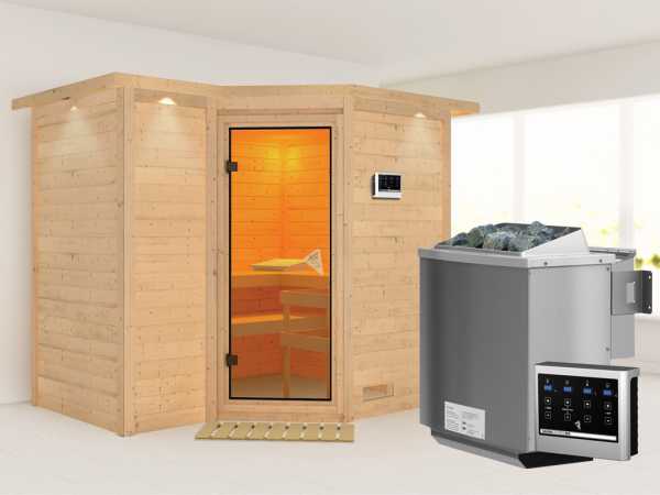 Massivholzsauna Sahib 2 mit Dachkranz, bronzierte Ganzglastür, inkl. 9 kW Bio-Ofen ext. Steuerung