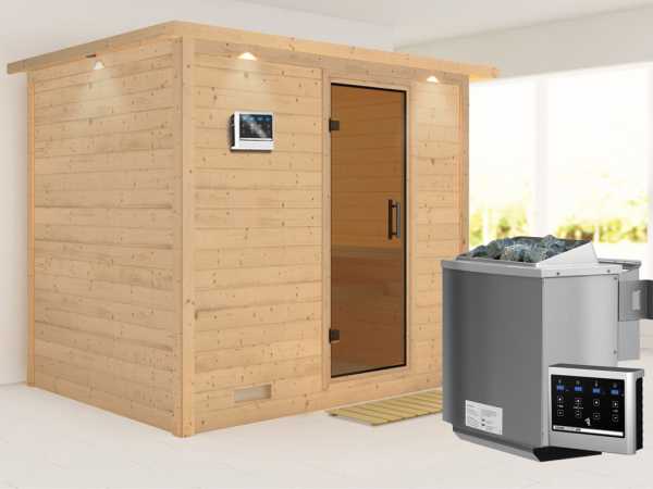 Massivholzsauna Sonara mit Dachkranz, graphit Ganzglastür, inkl. 9 kW Bio-Kombiofen ext. Steuerung