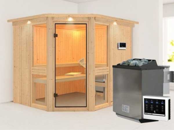 Sauna Systemsauna Amelia 3 mit Dachkranz, inkl. 9 kW Bio-Kombiofen ext. Steuerung