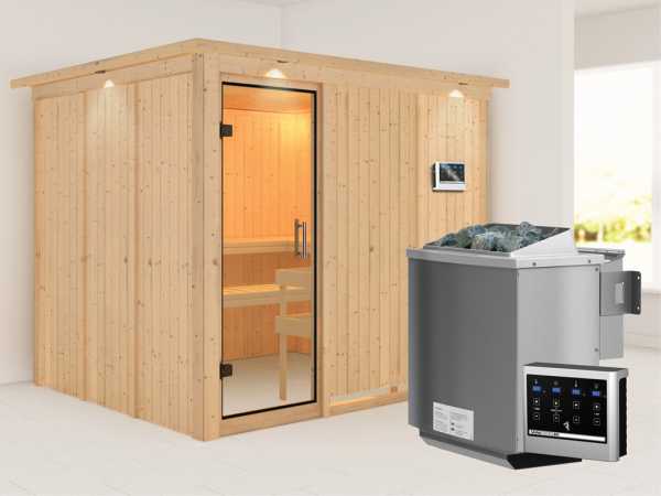 Sauna Systemsauna Gobin mit Dachkranz, Klarglas Ganzglastür + 9 kW Bio-Kombiofen mit ext.Strg