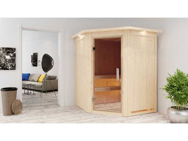 Sauna Systemsauna Larin mit Dachkranz, inkl. 9 kW Ofen mit externer Steuerung