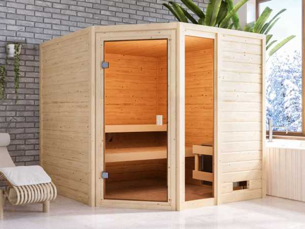 Sauna Tabea mit bronzierter Glastür + 9 kW Saunaofen integr. Strg.