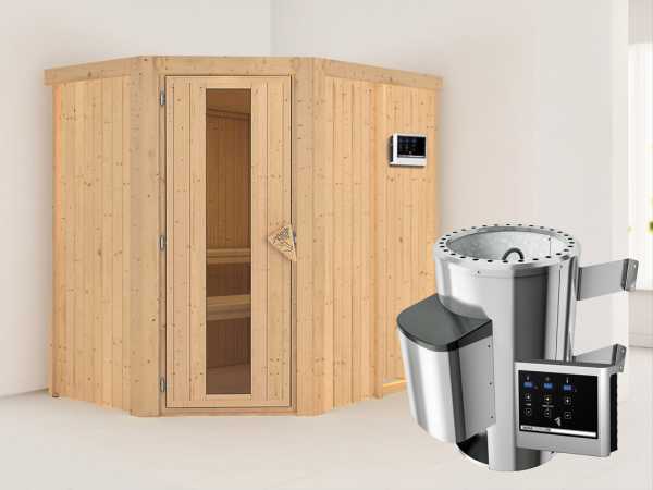 Sauna Systemsauna Saja Energiespartür + Plug & Play Saunaofen mit externer Steuerung