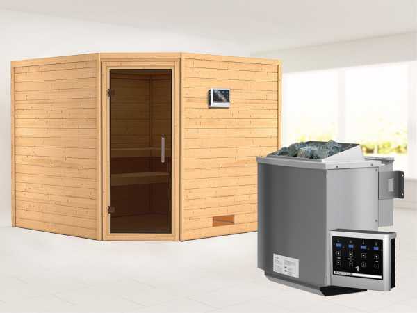 Sauna Massivholzsauna Leona graphit Ganzglastür + 9 kW Bio-Kombiofen mit ext. Strg