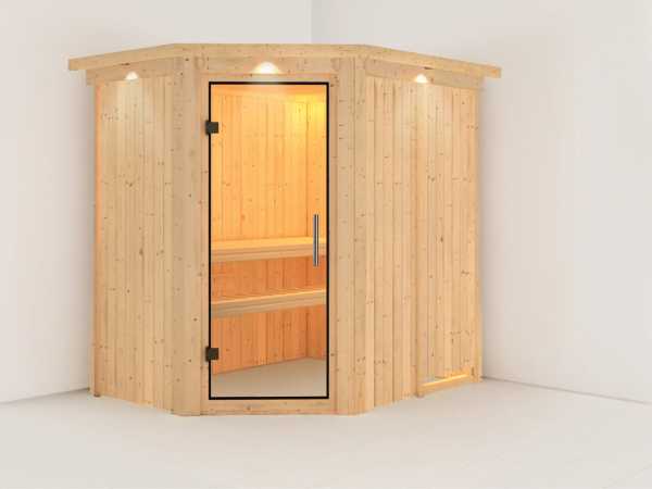 Sauna Systemsauna Saja mit Dachkranz, Klarglas Ganzglastür